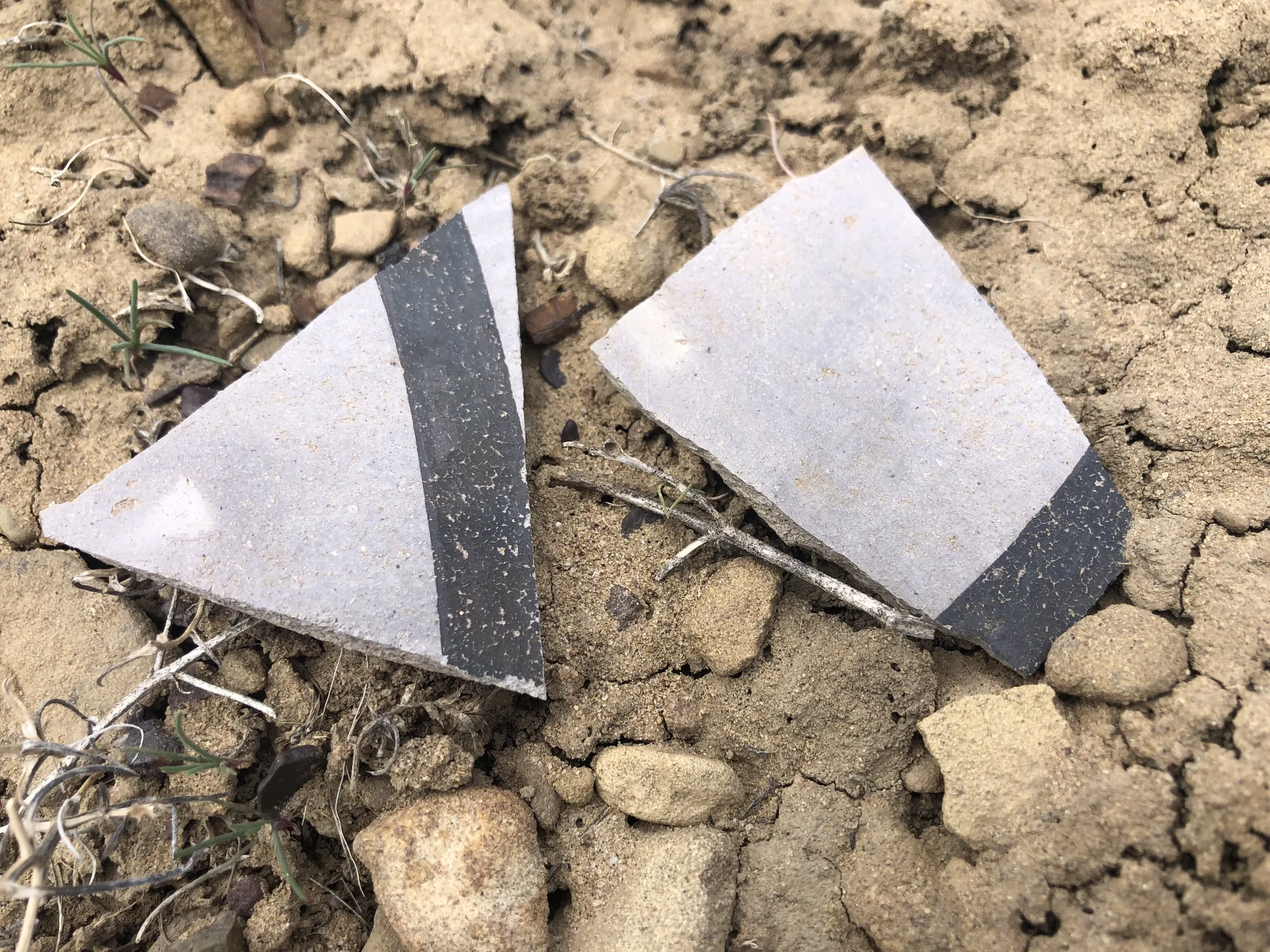 Painted black-on-white potsherds with banded decoration, late Pueblo II–III period.